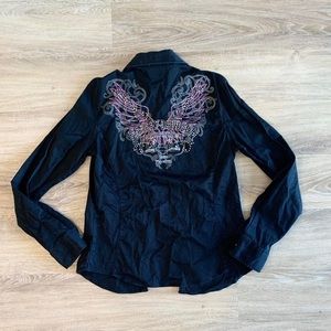 Vintage Y2K 90s mcbling Harley Davidson angel wing rhinestone top